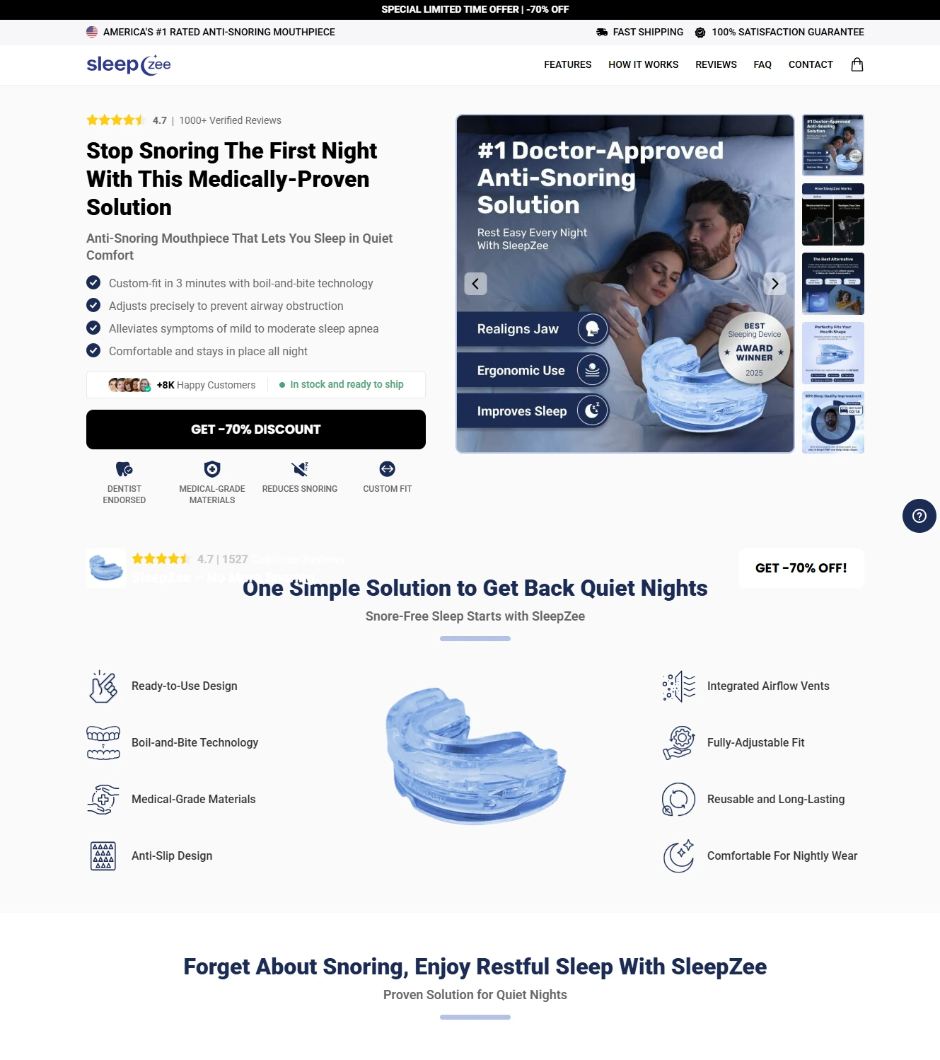SleepZee anti-snoring mouthpiece and packaging on bedside table